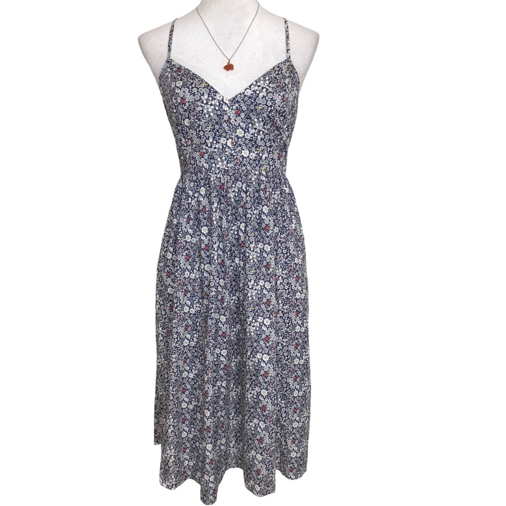 J Crew Midi Dress Navy Floral Liberty Fabric Size 4 Pockets Cottagecore